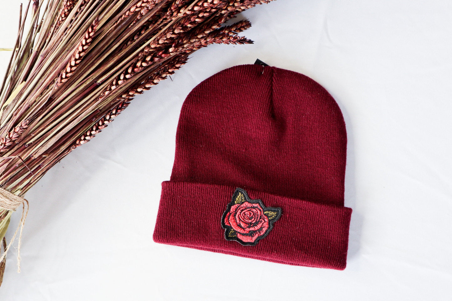 Rose Embroidered Beanie Hat