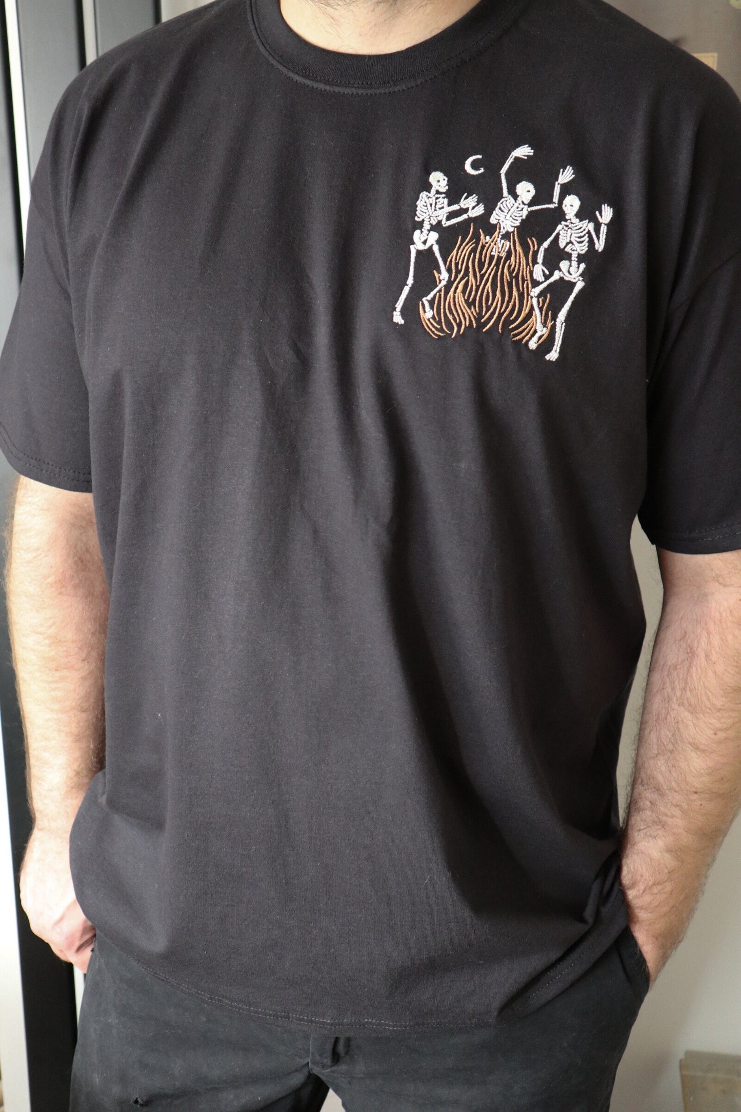 Skeleton Fire Embroidered T-Shirt
