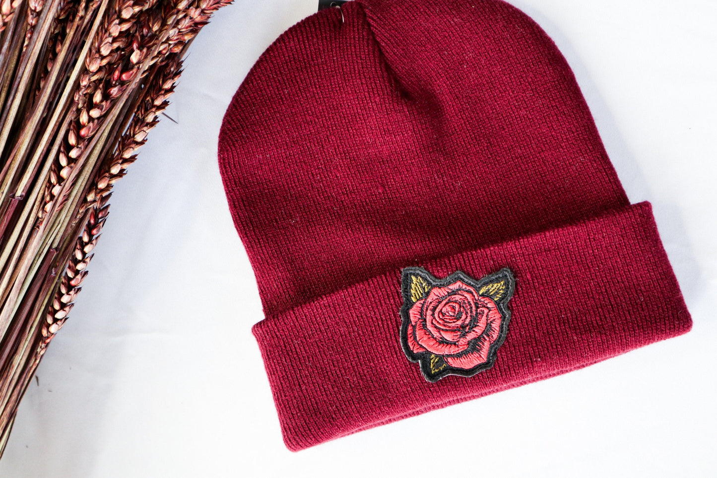 Rose Embroidered Beanie Hat