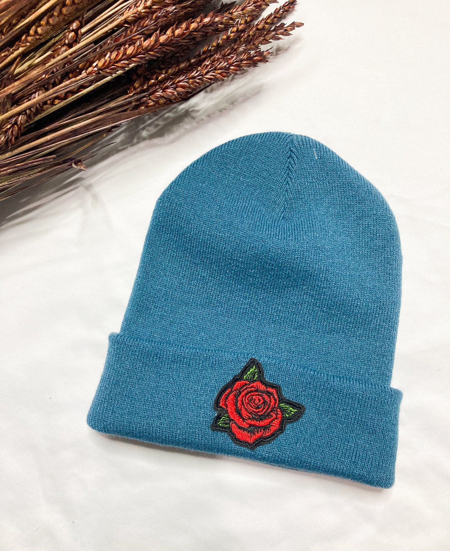 Rose Embroidered Beanie Hat