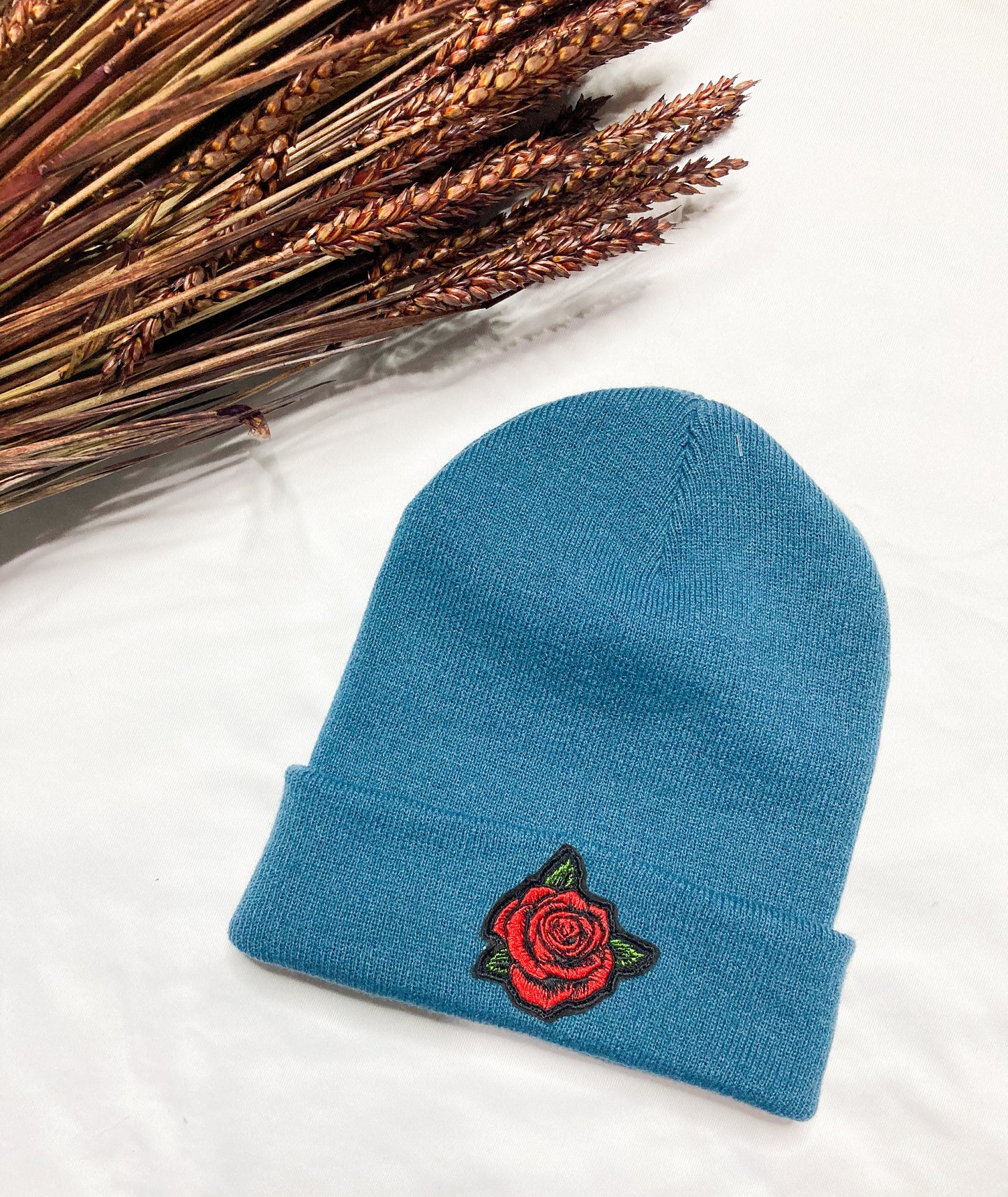 Rose Embroidered Beanie Hat