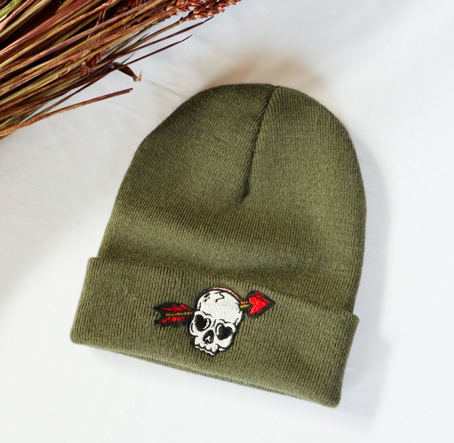 Skull Arrow Embroidered Beanie Hat