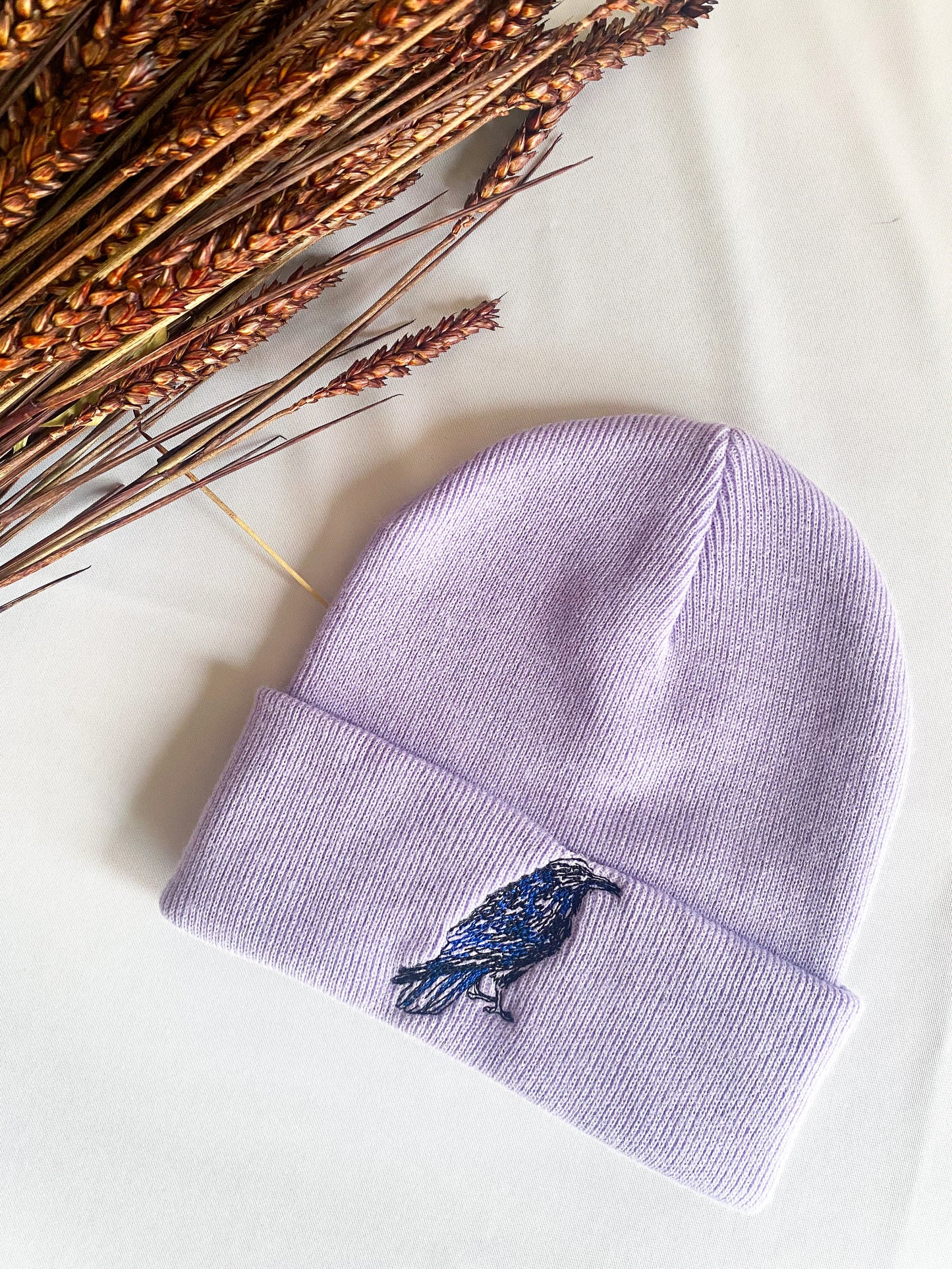 Crow Embroidered Beanie Hat