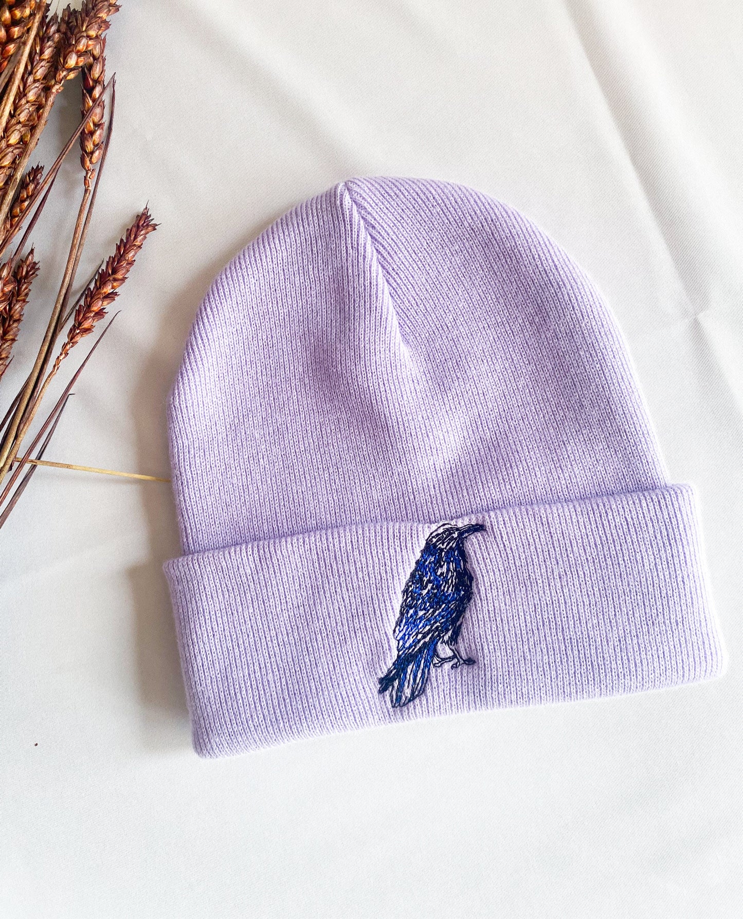 Crow Embroidered Beanie Hat