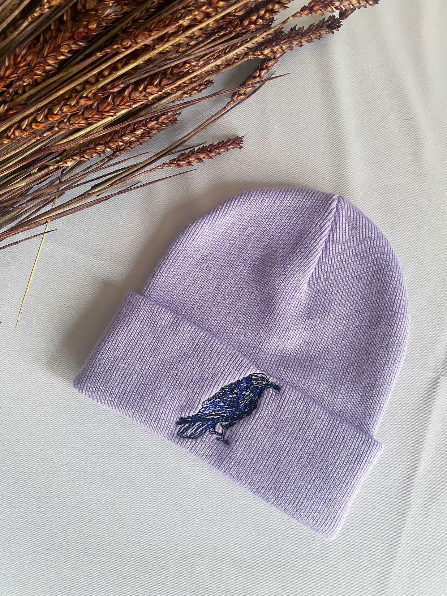 Crow Embroidered Beanie Hat