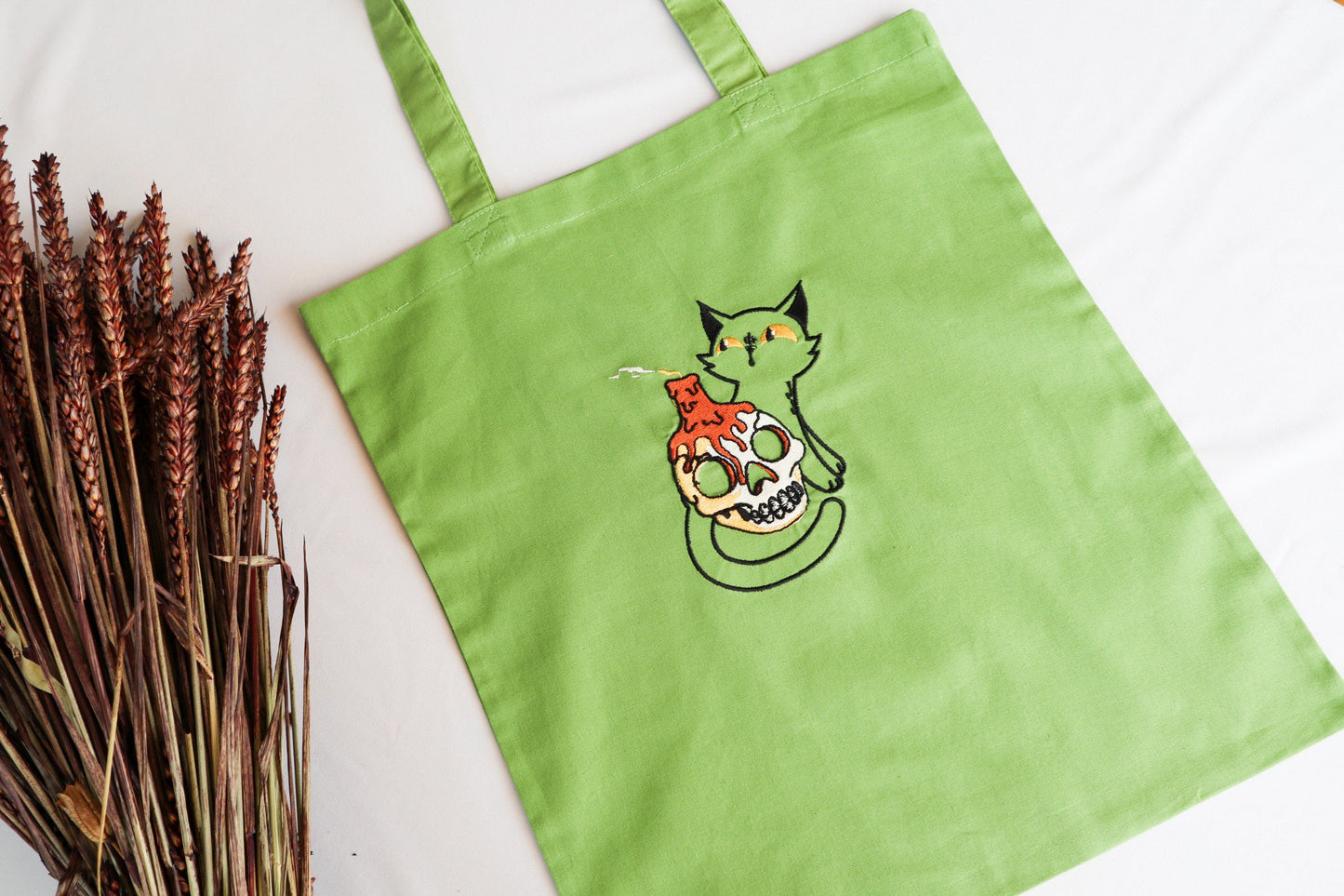 Cat And Skull Embroidered Tote Bag