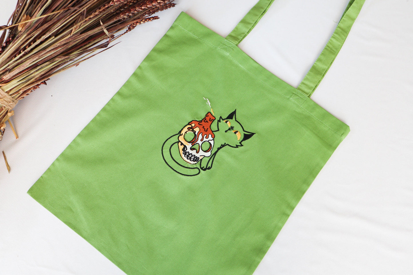 Cat And Skull Embroidered Tote Bag