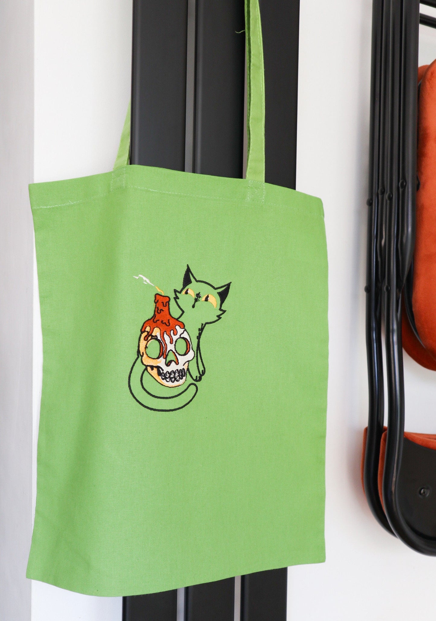 Cat And Skull Embroidered Tote Bag