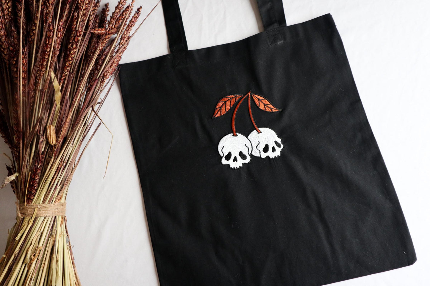 Skull Cherry Embroidered Tote Bag