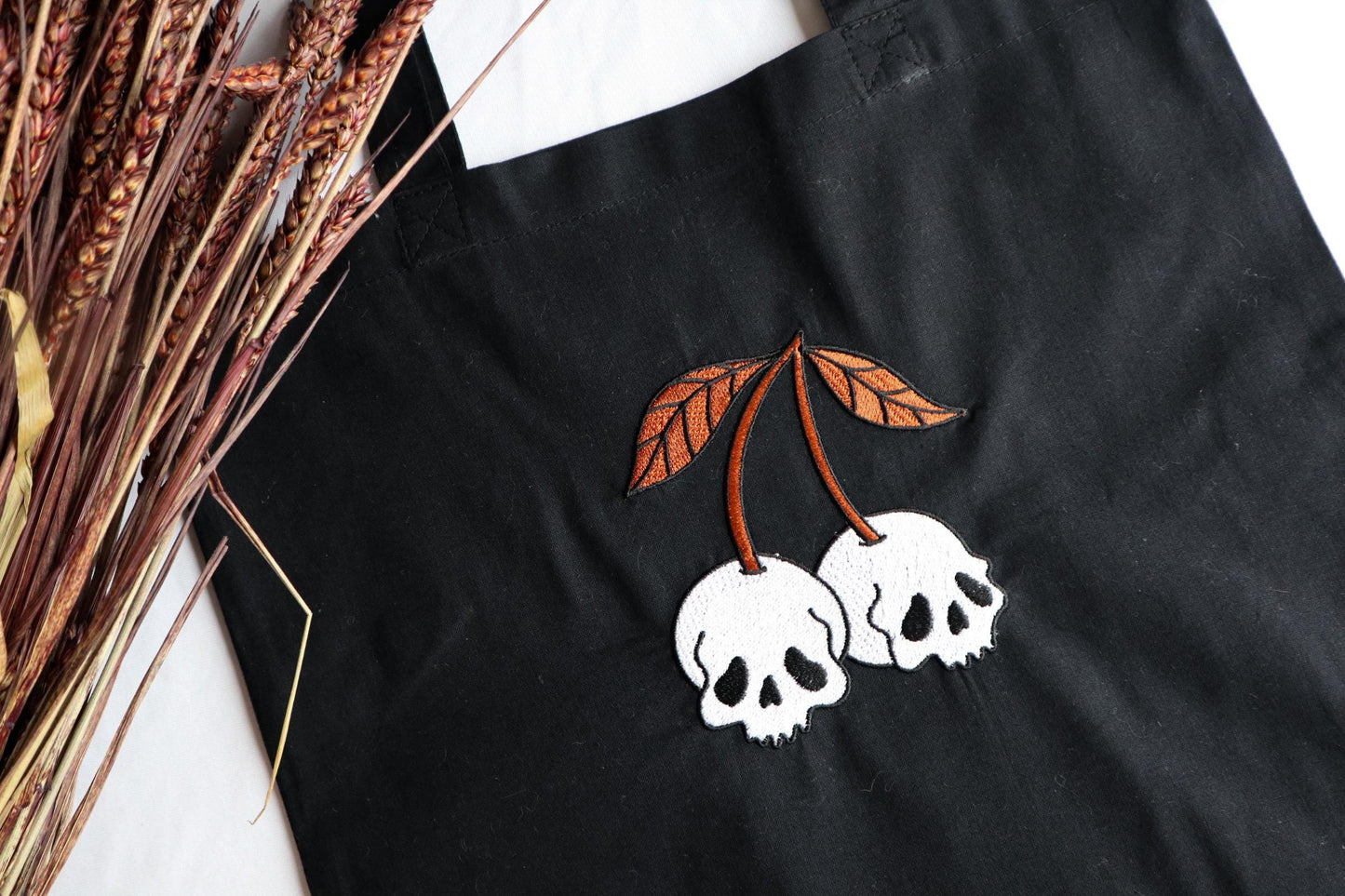 Skull Cherry Embroidered Tote Bag