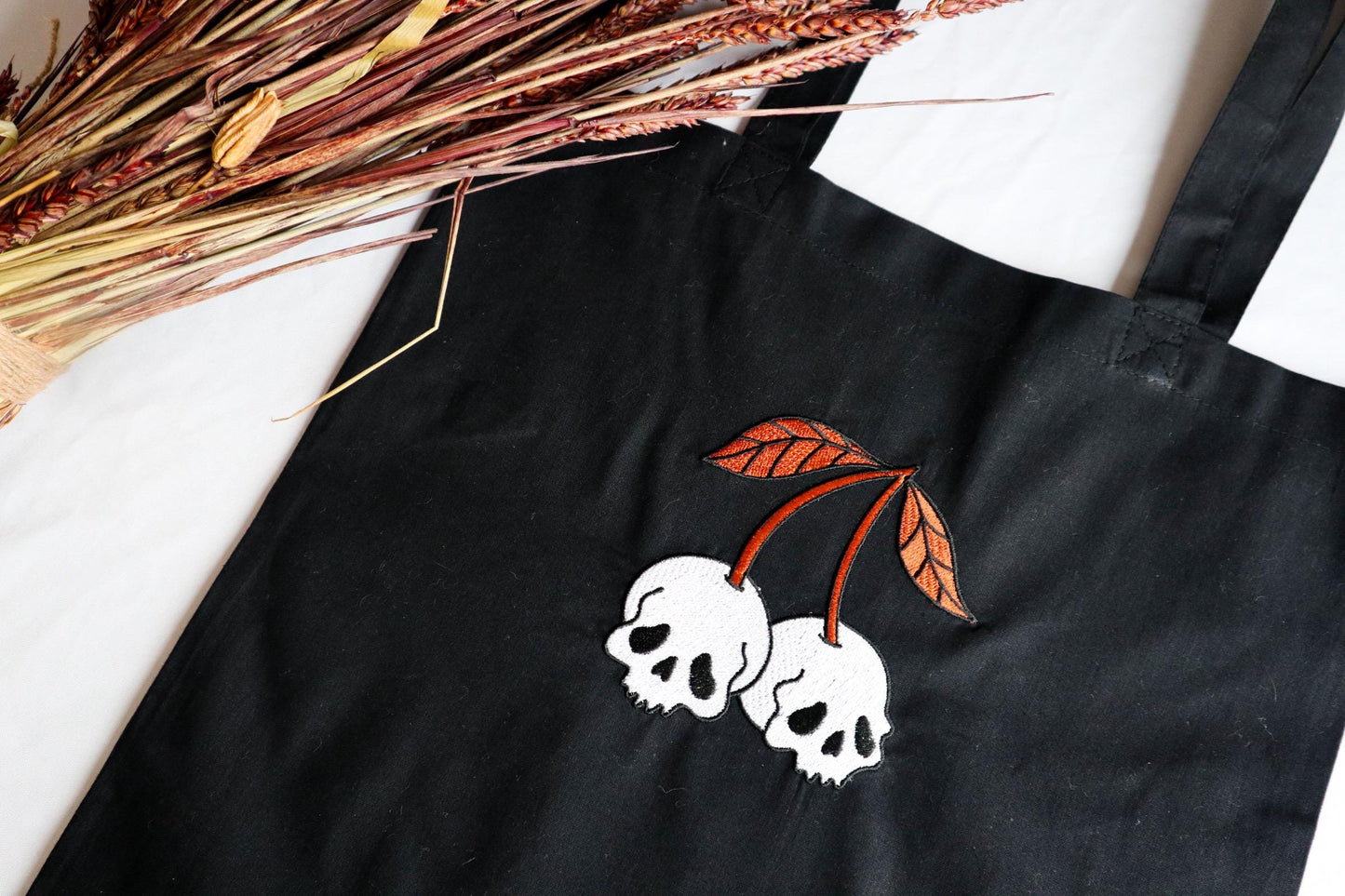Skull Cherry Embroidered Tote Bag