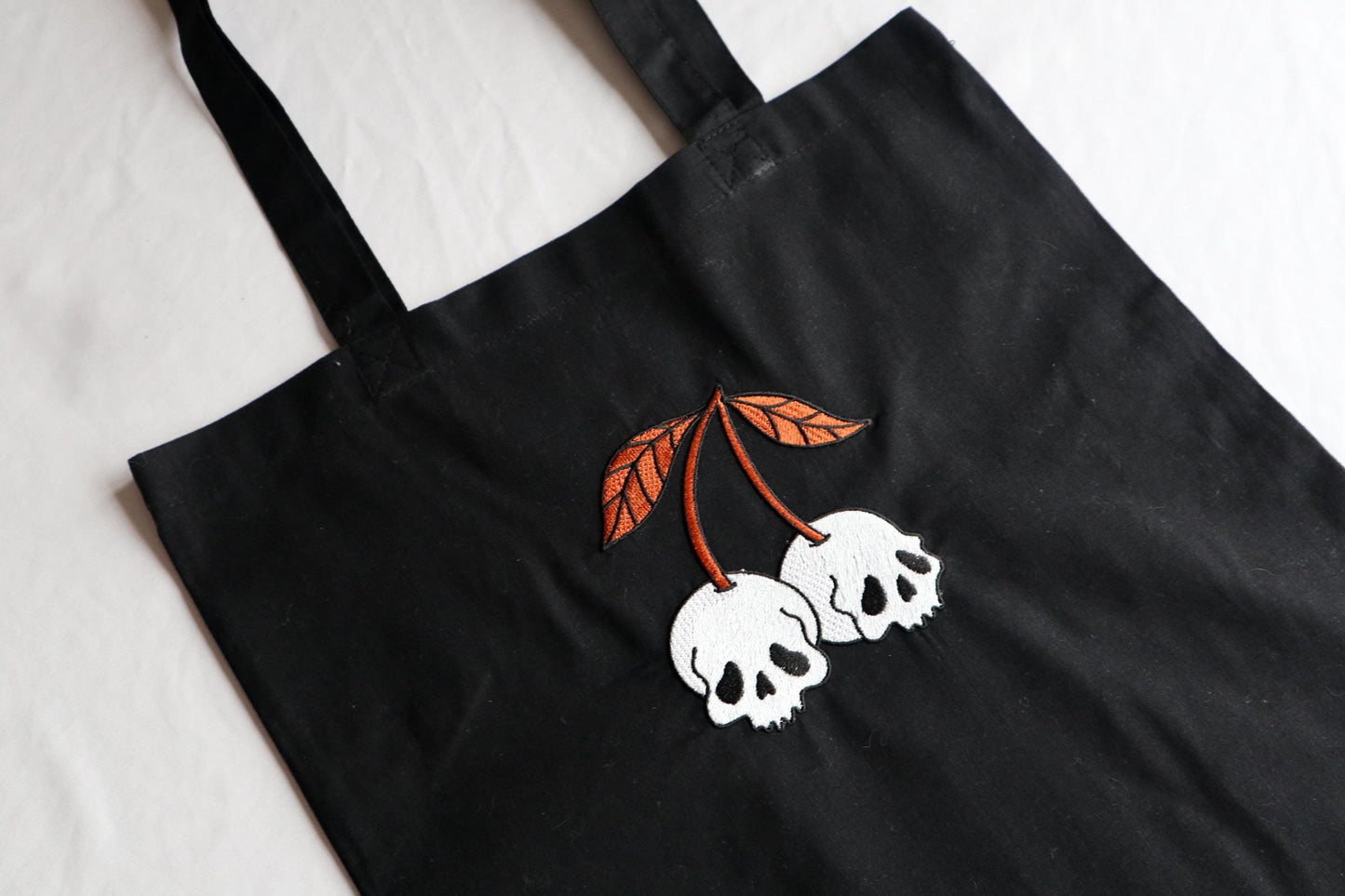 Skull Cherry Embroidered Tote Bag
