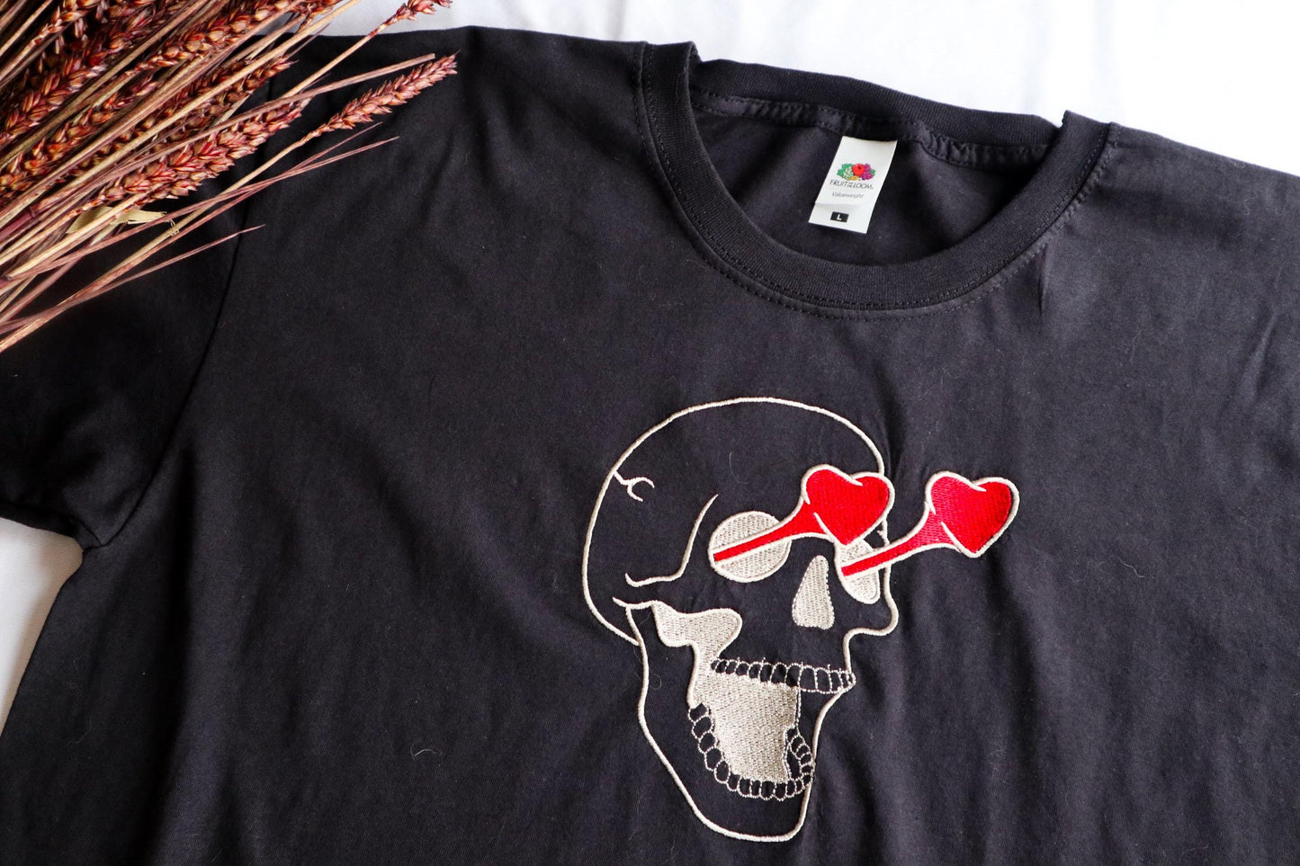 Skull Heart Eyes Embroidered T-Shirt