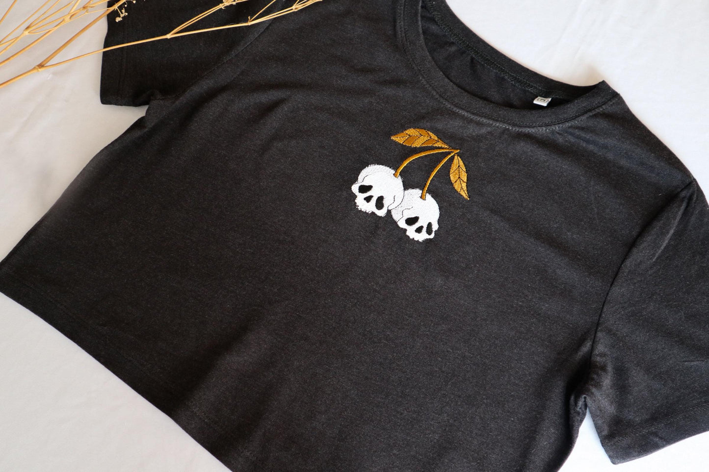Skull Cherry Embroidered Cropped T-Shirt