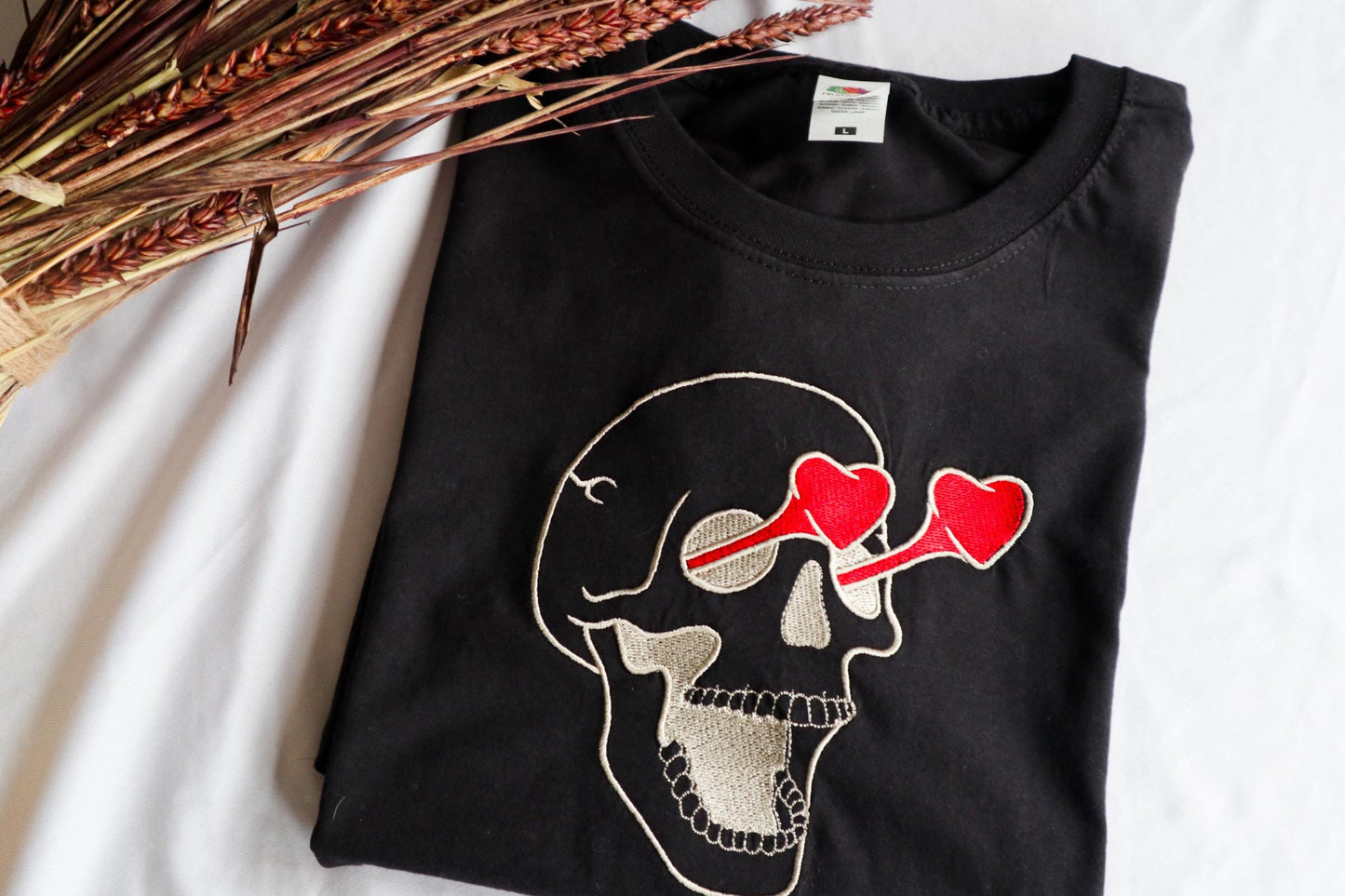 Skull Heart Eyes Embroidered T-Shirt