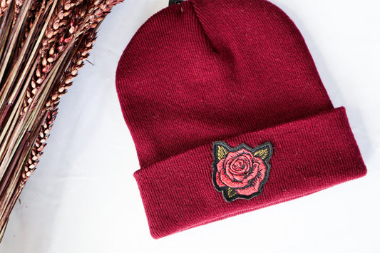 Rose Embroidered Beanie Hat