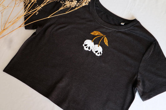 Skull Cherry Embroidered Cropped T-Shirt